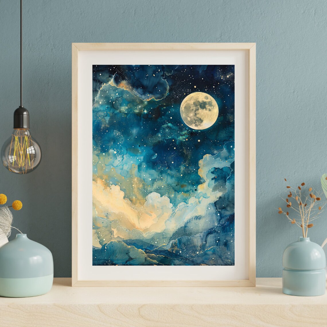 Celestial Full Moon Starry Indigo Night Sky Gold Clouds Watercolor Poster - Image 3