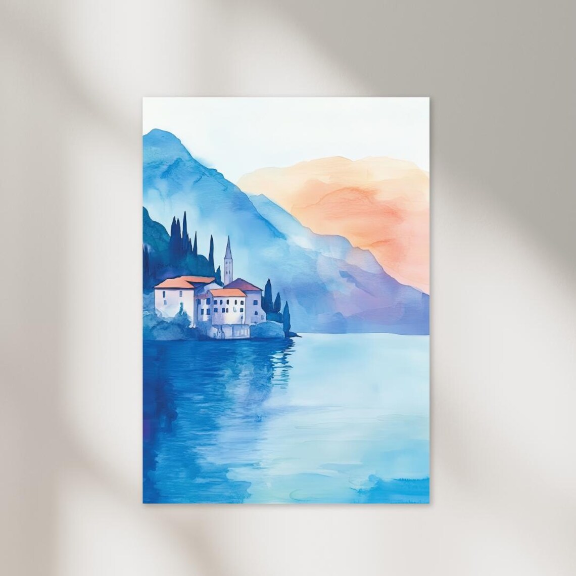 Lake Iseo Italy Sunset Lakeside Village Watercolor Poster Art