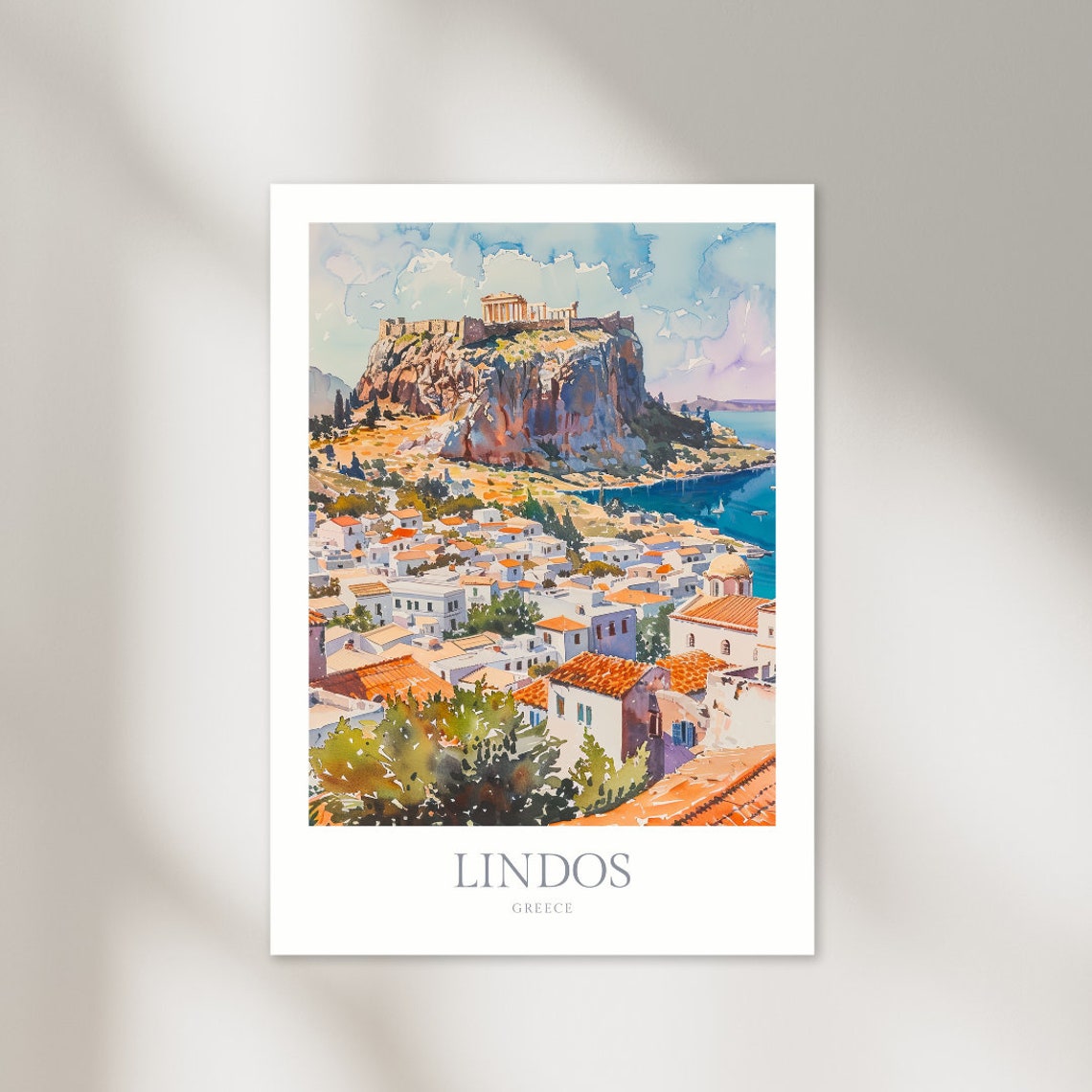 Lindos Greece Watercolor Acropolis Village Harbor Poster Artwork