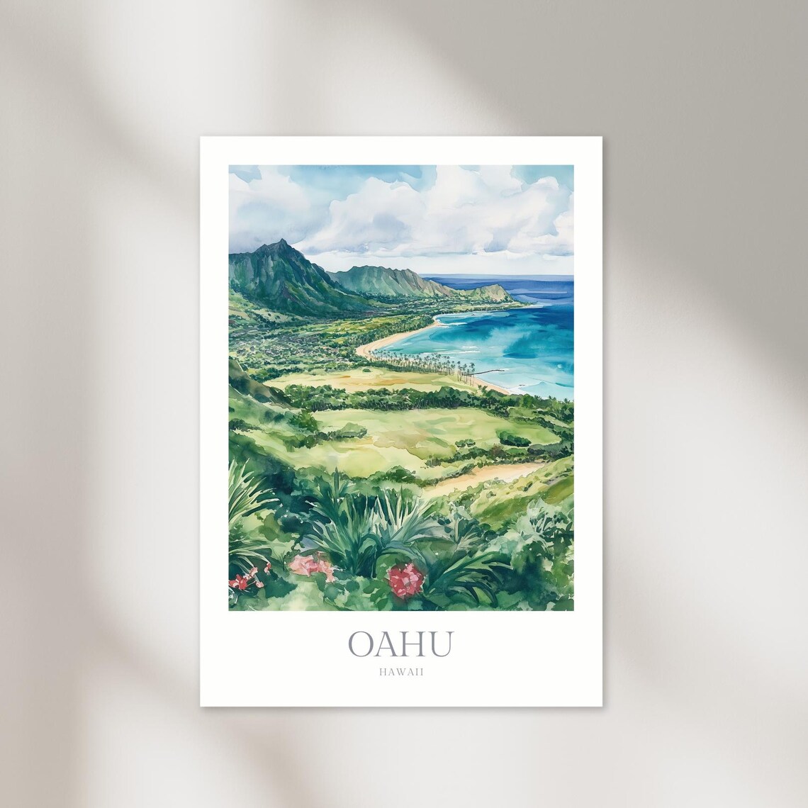 Oahu Hawaii Watercolor Travel Poster, Hawaiian Islands