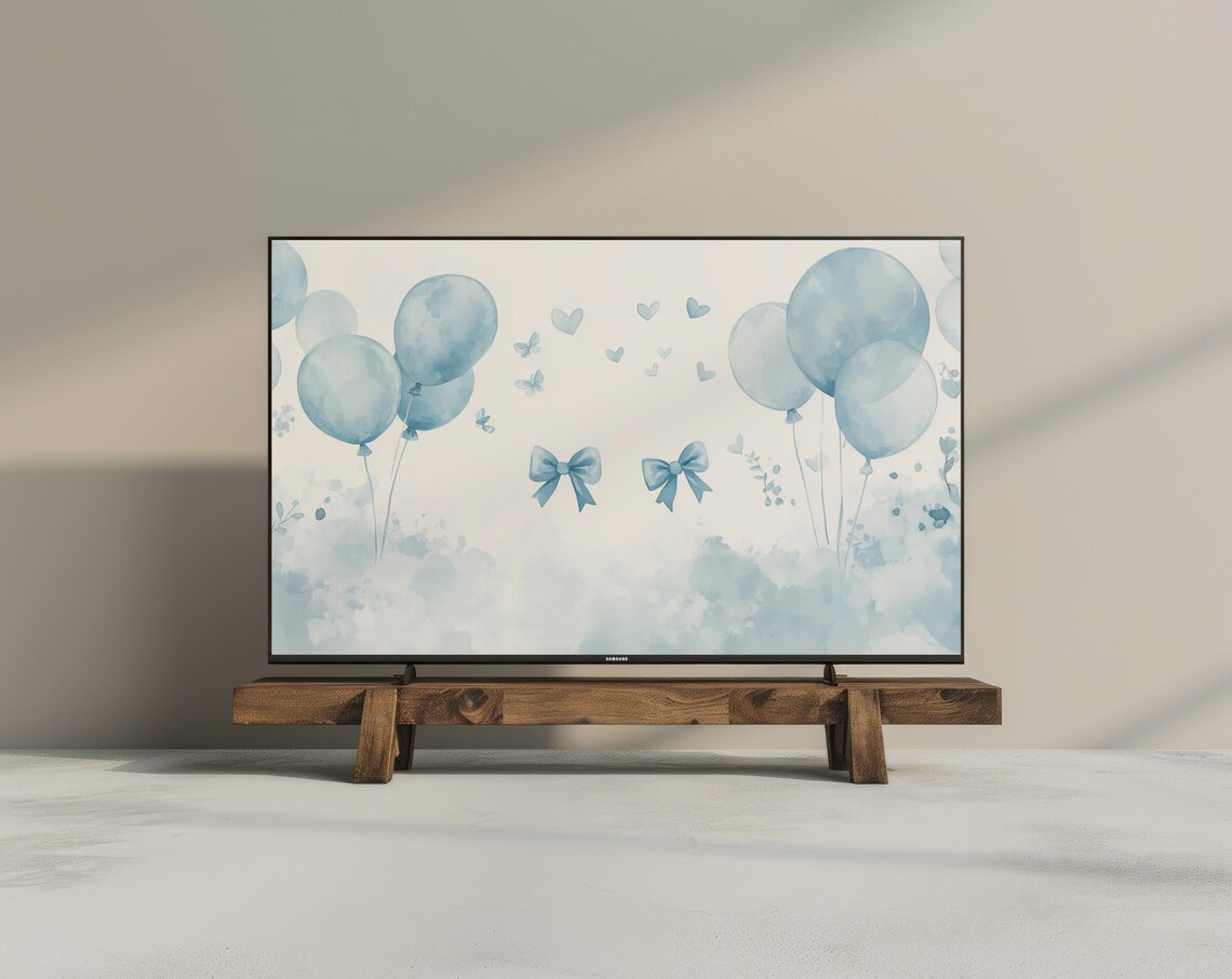 Blue Watercolor Balloons Baby Boy Shower Bow Frame TV Art Poster - Image 3