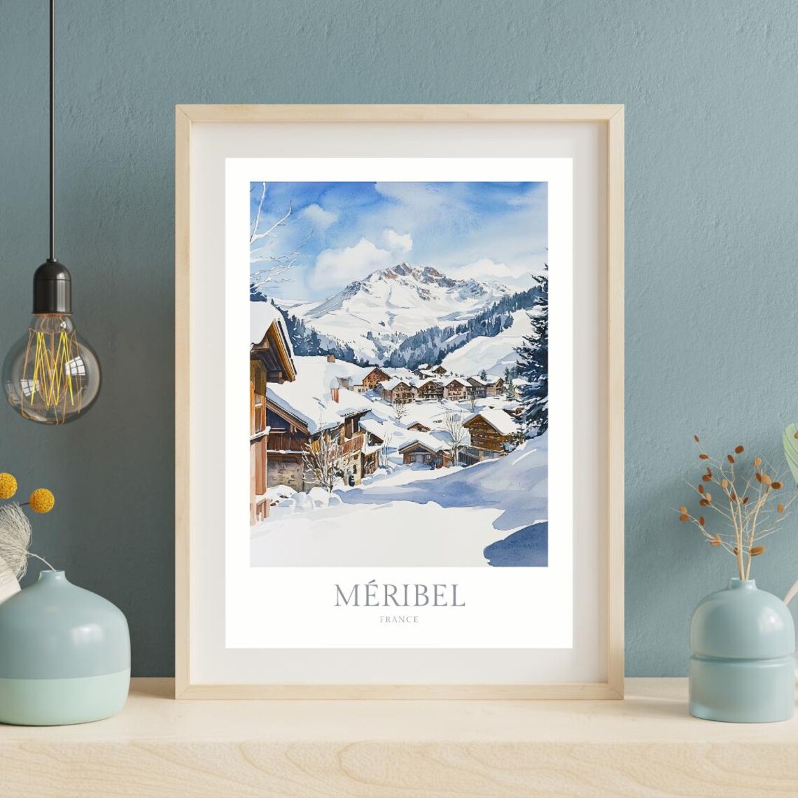 Meribel France Snowy Ski Chalets Mountain Watercolor Travel Poster - Image 2
