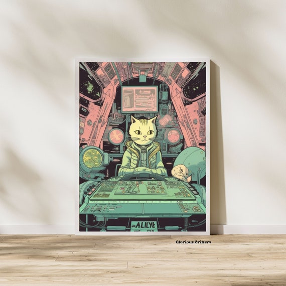 Space Vintage Cat Cosmic Art Poster
