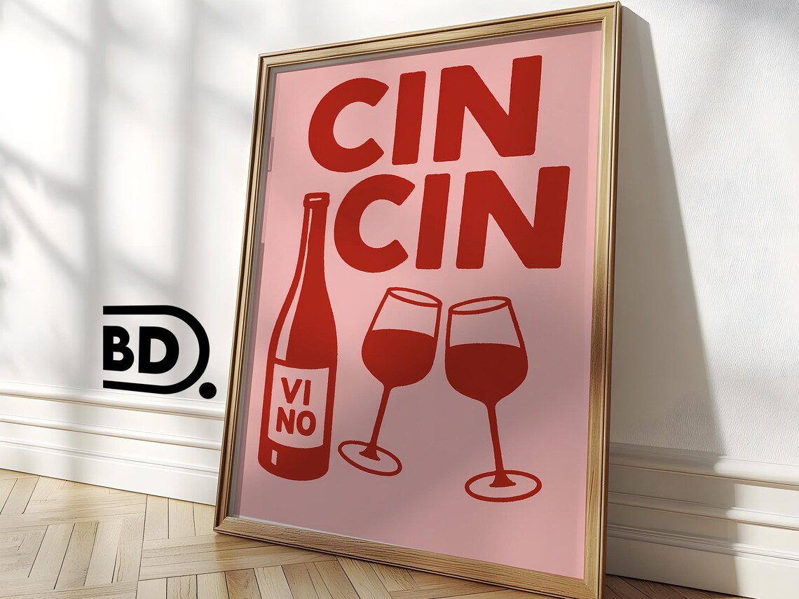 Cin Cin Vino Bottle And Two Wine Glasses In Red On Pink Wall Art - Image 3