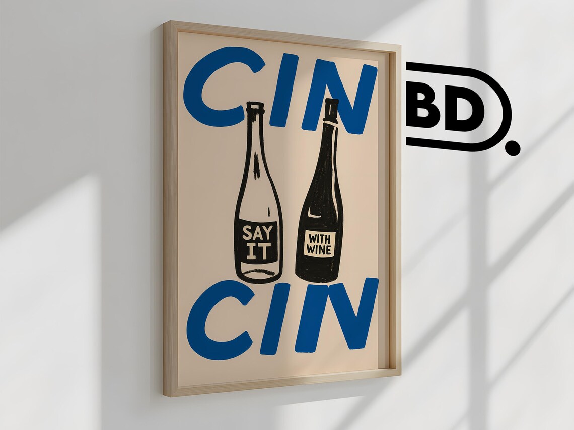 Cin Cin Wine Bottles Blue Block Lettering On Cream Background Poster - Image 2