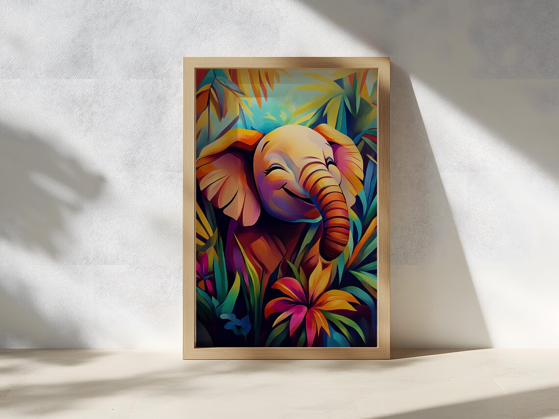 Smiling Baby Elephant Colorful Jungle Floral Animal Wall Art - Image 3