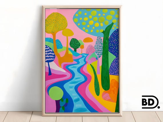 Abstract Forest River Print Colorful Pop Art Landscape With Pink Green Blue Tones Bold Expressionist Style Wall Art