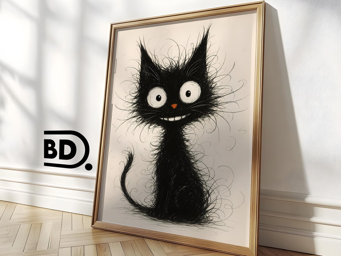 Grinning Scruffy Black Cat Quirky Ink Sketch Illustration Wall Art - Image 3