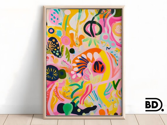 Colorful Abstract Expression Painting Vibrant Bold Brushstroke Art Joyful Creative Wall Decor Energetic Mixed Pattern Artwork