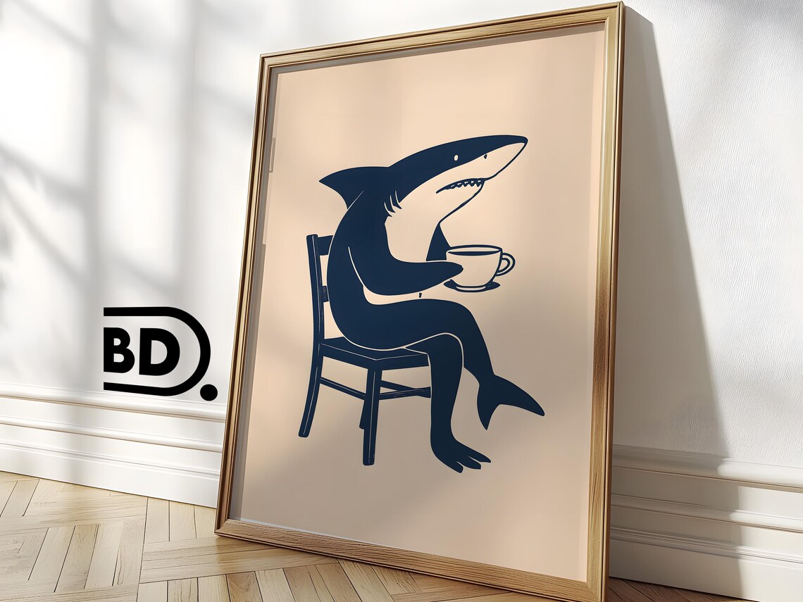 Shark Drinking Coffee Vintage Etching Style Quirky Kitchen Wall Art - Image 3