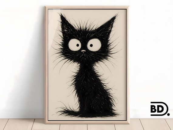 Scruffy Black Cat With Wide Surprised Eyes Funny Ink Drawing Poster