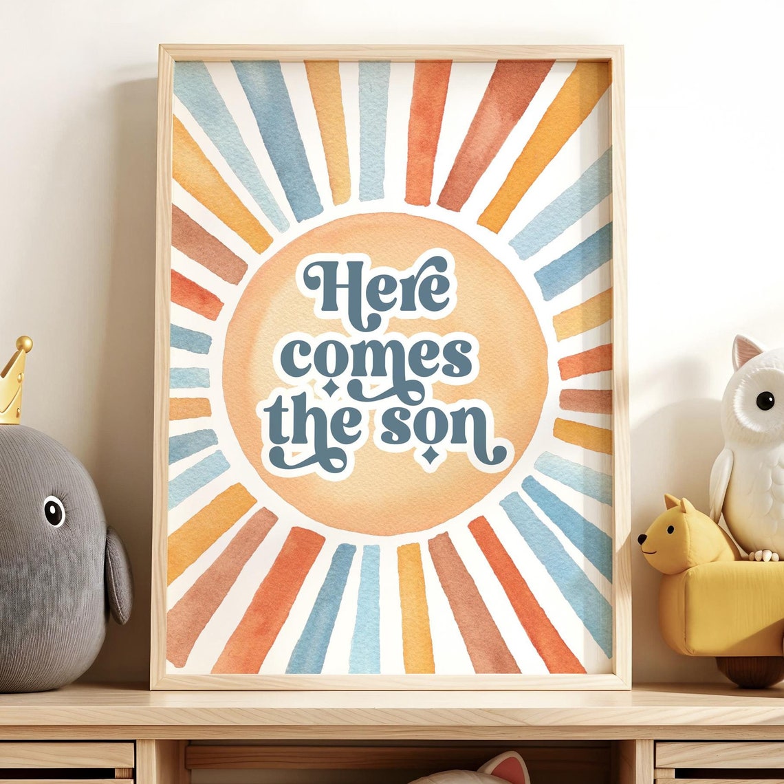 Here Comes The Son Baby Boy Announcement Boho Sun Rays Nursery Poster