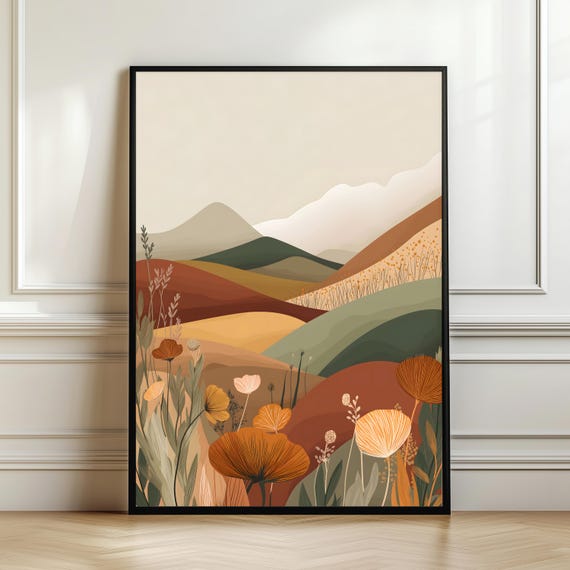 Boho Botanical Landscape Wall Art Warm Earth Tone Mountain Poster Minimal Nature Illustration Neutral Floral Hills Decordigital Download