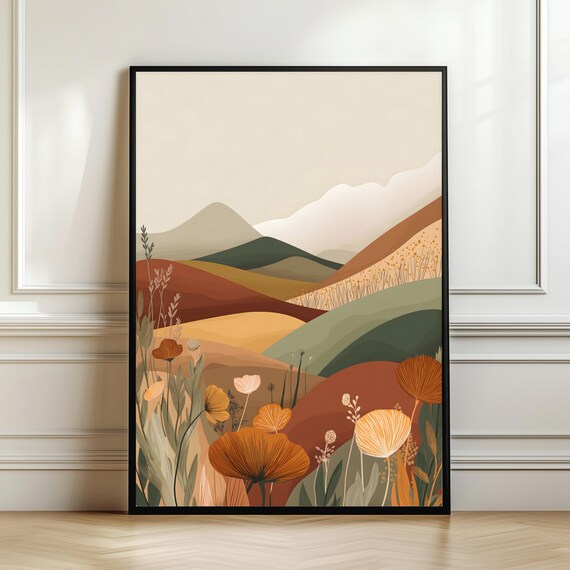Boho Botanical Rolling Hills Warm Earth Tone Wildflower Wall Art