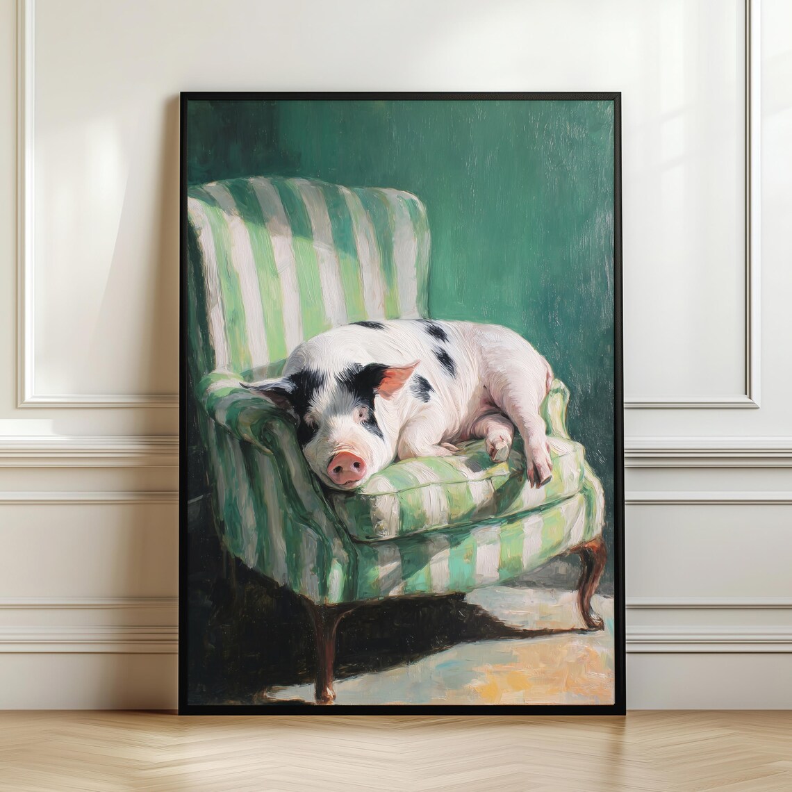 Sleeping Pig On Striped Armchair Whimsical Oil Painting Print