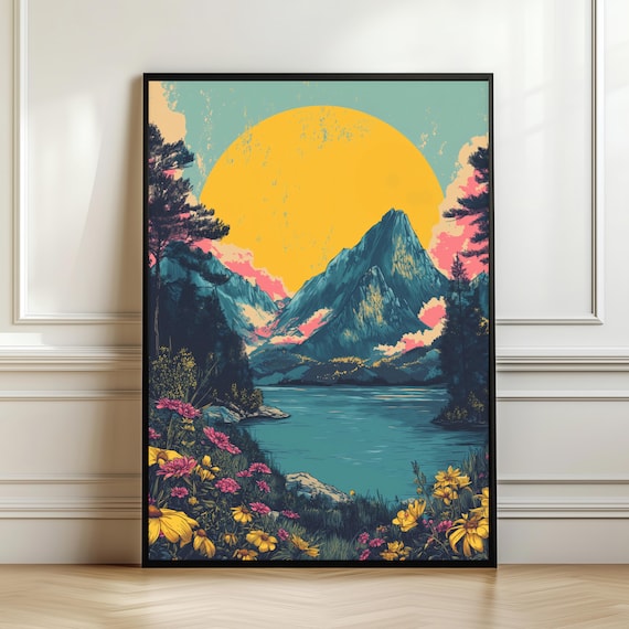 Vintage Mountain Landscape, Alpine Lake Travel Poster