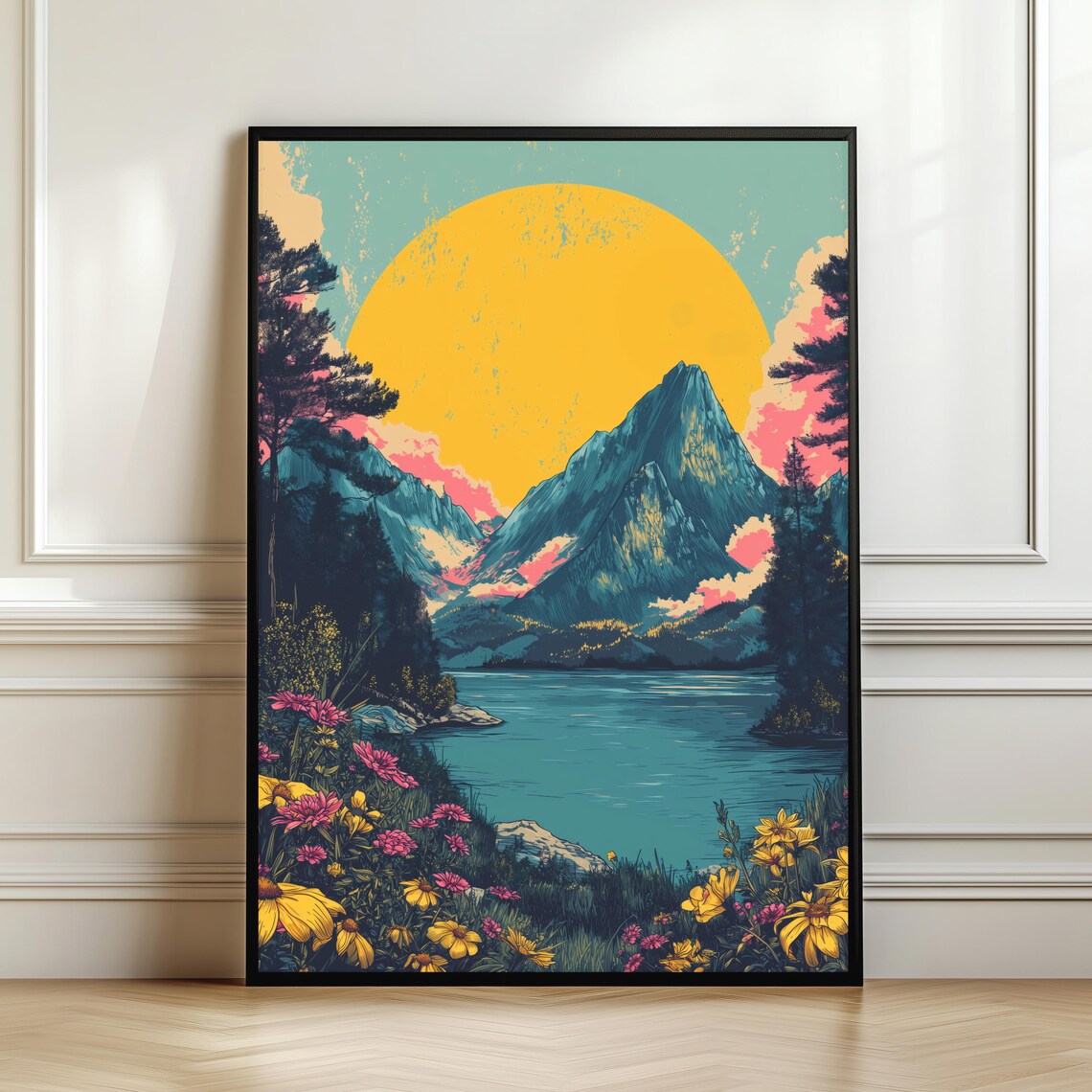 Vintage Mountain Landscape, Alpine Lake Travel Poster