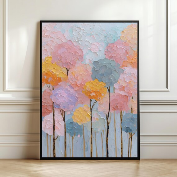Pastel Abstract Tree Forest Soft Pink Blue Dreamy Botanical Impasto Wall Art
