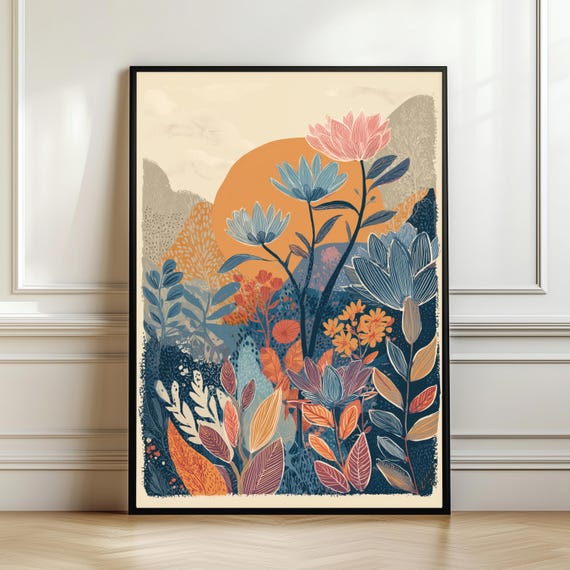 Boho Botanical Sun Wall Art Folk Floral Illustration With Warm Earth Tones Modern Nature Print Home Decor Gift Digital Download