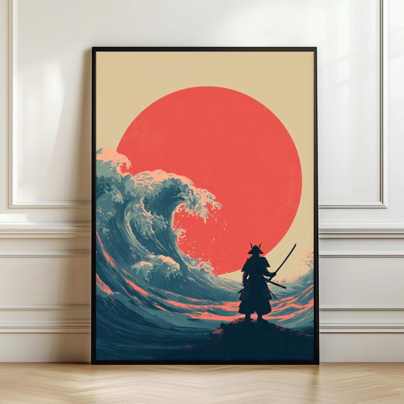 Samurai Wave Wall Art Japanese Warrior Ocean Poster Rising Sun Print Great Inspired Bold Red Decor Digital Download