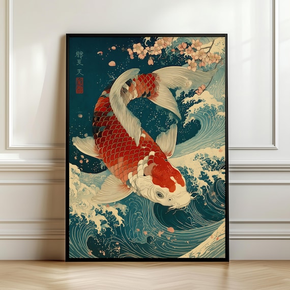 Japanese Koi Fish Ocean Waves Blossom Ukiyo E Art Style Poster