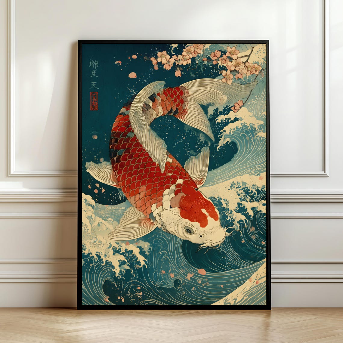 Japanese Koi Fish Ocean Waves Blossom Ukiyo E Art Style Poster