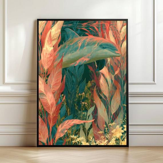 Elegant Dolphin Swimming Through Coral Reef Tropical Wall Art