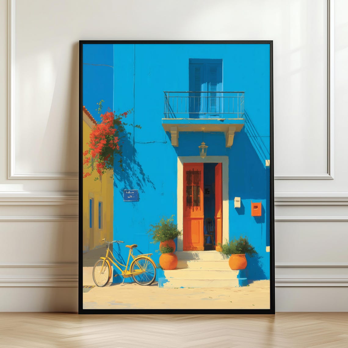 Blue Mediterranean House Orange Door Yellow Bicycle Travel Poster