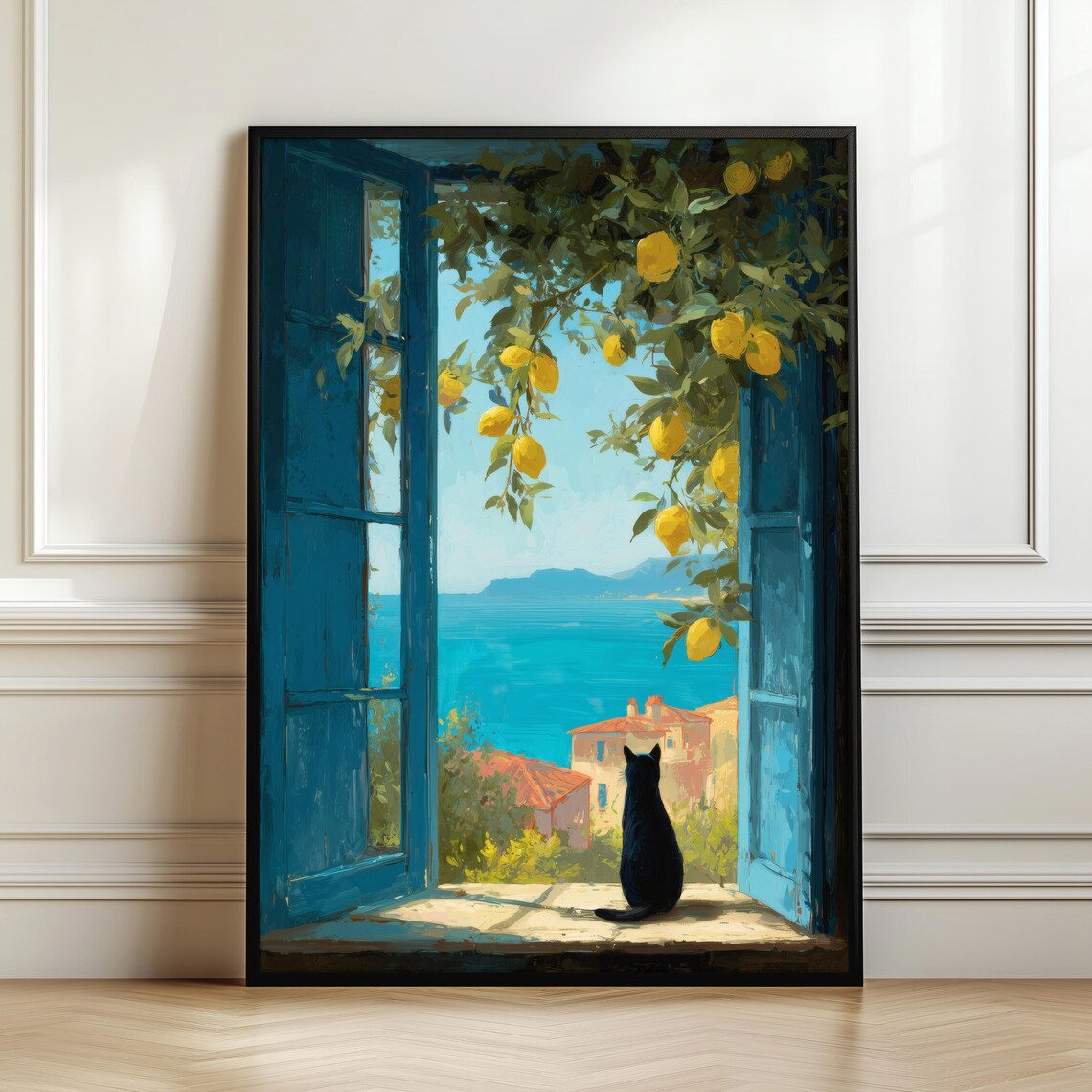 Lemon Tree Window Black Cat Amalfi Style Art Print