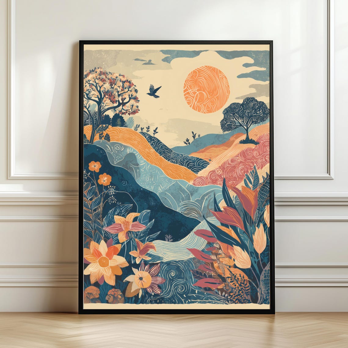 Whimsical Boho Folk Hills River Landscape With Orange Sun Poster