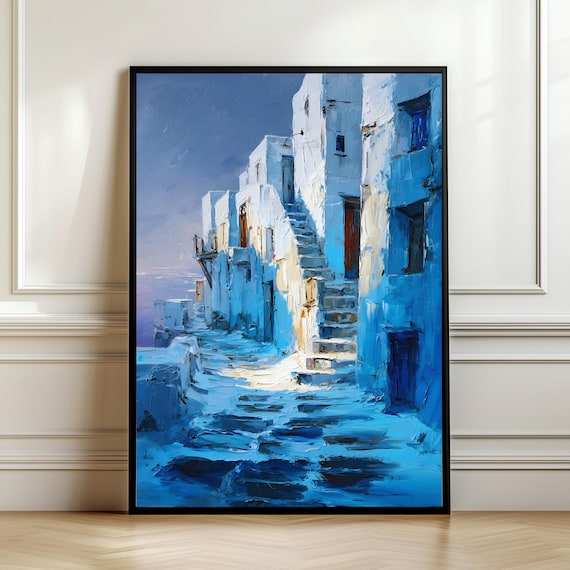 Whitewashed Architecture Wall Art Island Alleyway Print Blue Coastal Painting Village Decor Mediterranean Poster Digital Download