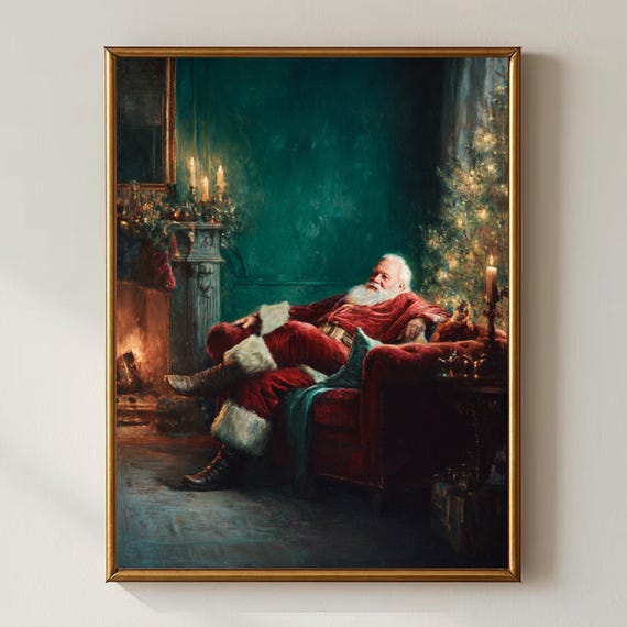 Santa Claus Wall Art Christmas Home Decor Poster Festive Red Green Gold Print Gift Digital Download