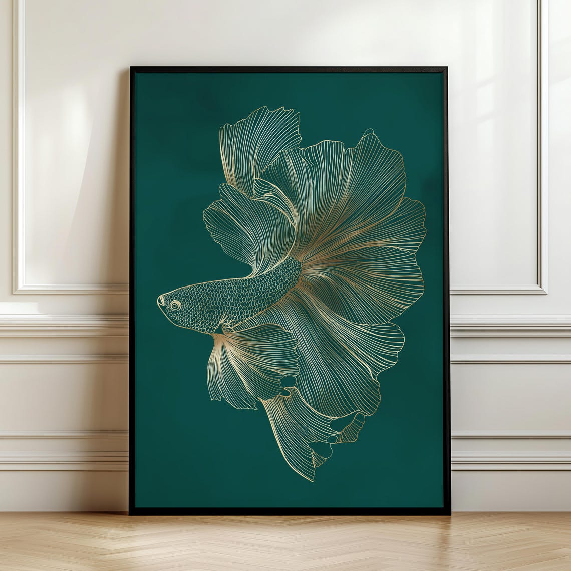 Golden Betta Fish Wall Art Print Emerald Green Japanese Style Posterluxury Minimal Artwork Elegant Zen Home Decor Gift Digital