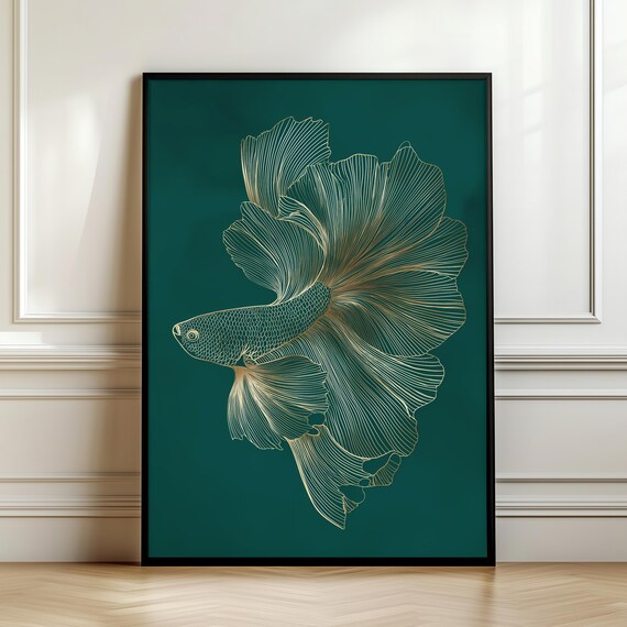 Golden Betta Fish Wall Art Print Emerald Green Japanese Style Posterluxury Minimal Artwork Elegant Zen Home Decor Gift Digital