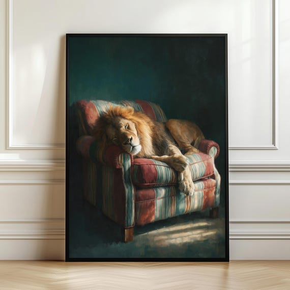 Sleeping Lion Sofa Wall Art Luxury Wildlife Painting Cozy Neutral Decor Elegant Big Cat Poster Modern Nature Artwork Digital Download