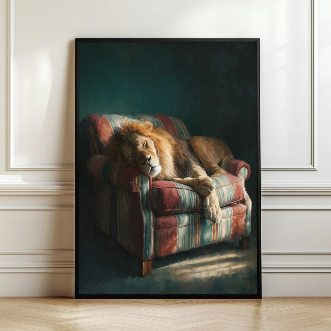 Sleeping Lion Sofa Wall Art Luxury Wildlife Painting Cozy Neutral Decor Elegant Big Cat Poster Modern Nature Artwork Digital Download