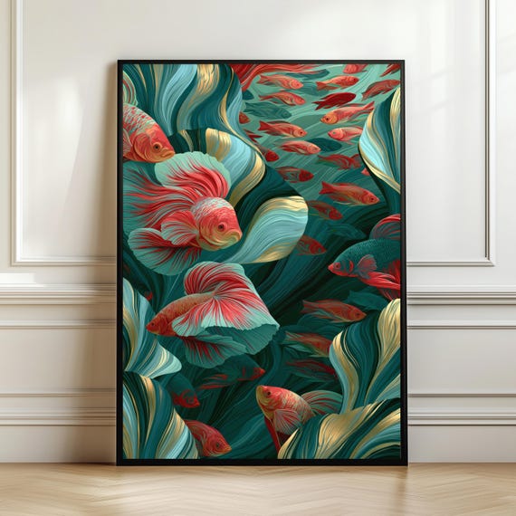 Elegant Betta Fish Wall Art Luxury Aquarium Poster Teal Coral Reef Decor Tropical Print Ocean Inspired Gift Digital Download