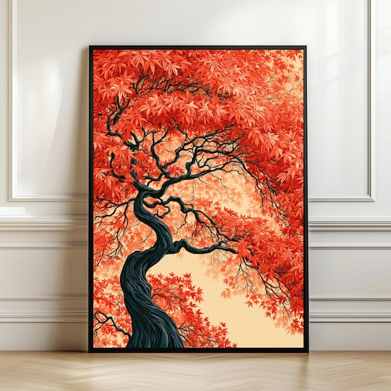 Japanese Maple Tree Wall Art Scarlet Acer Print Botanical Landscape Poster Luxury Zen Decor Digital Download
