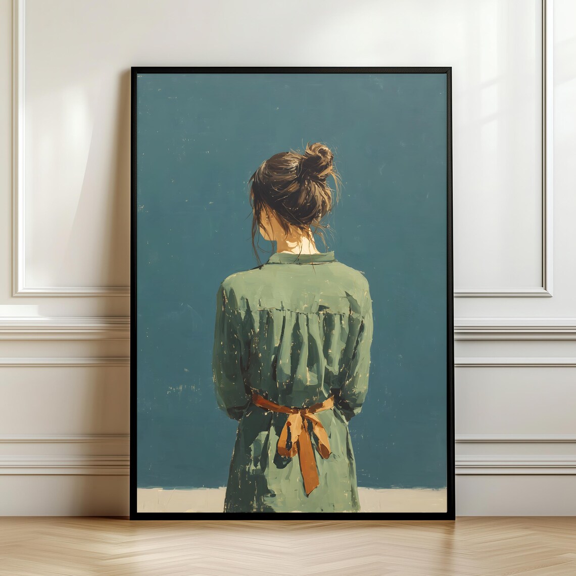 Woman From Behind Sage Green Dress Amber Sash Teal Portrait Poster