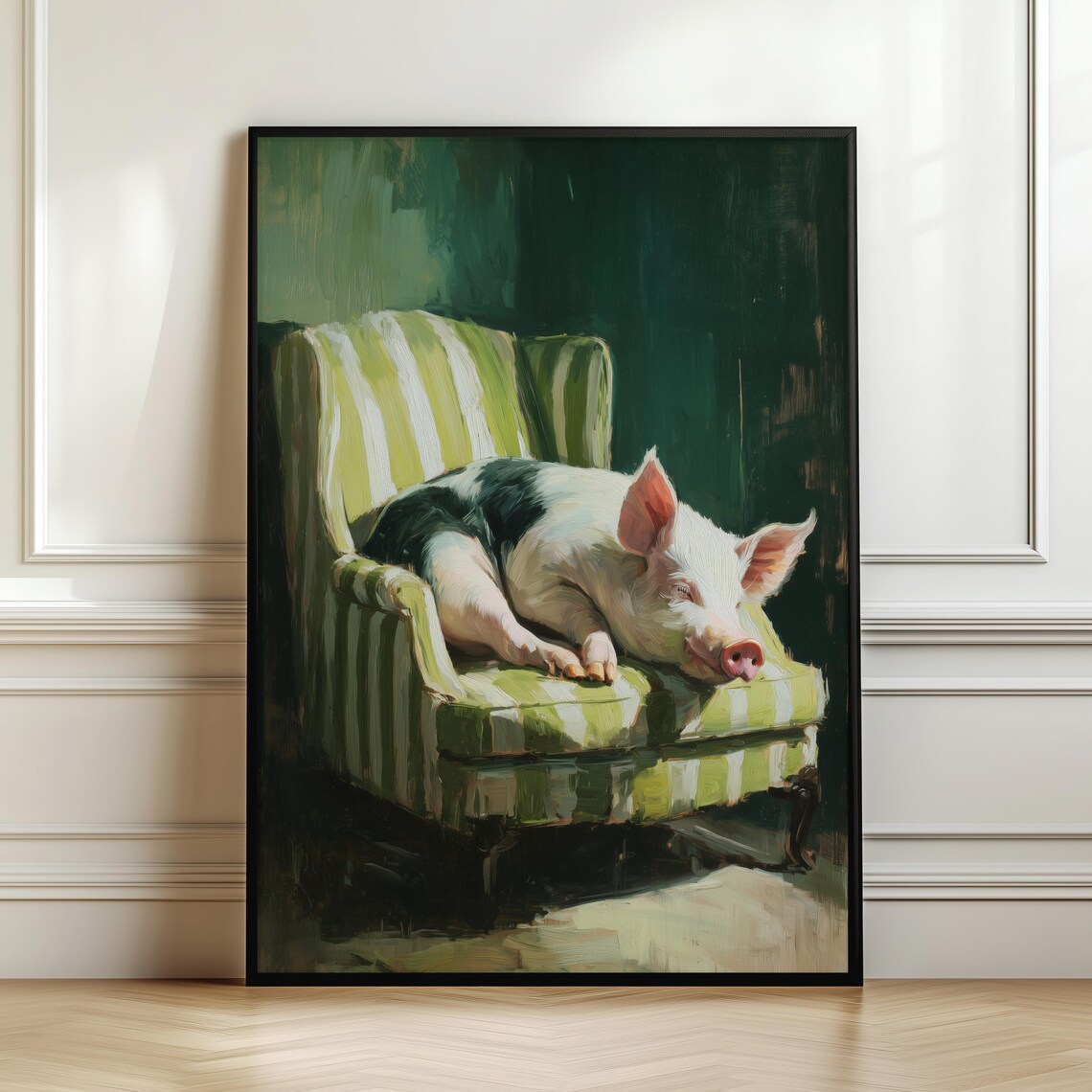 Sleeping Pig Armchair Poster Cozy Farmhouse Moody Animal Artwork