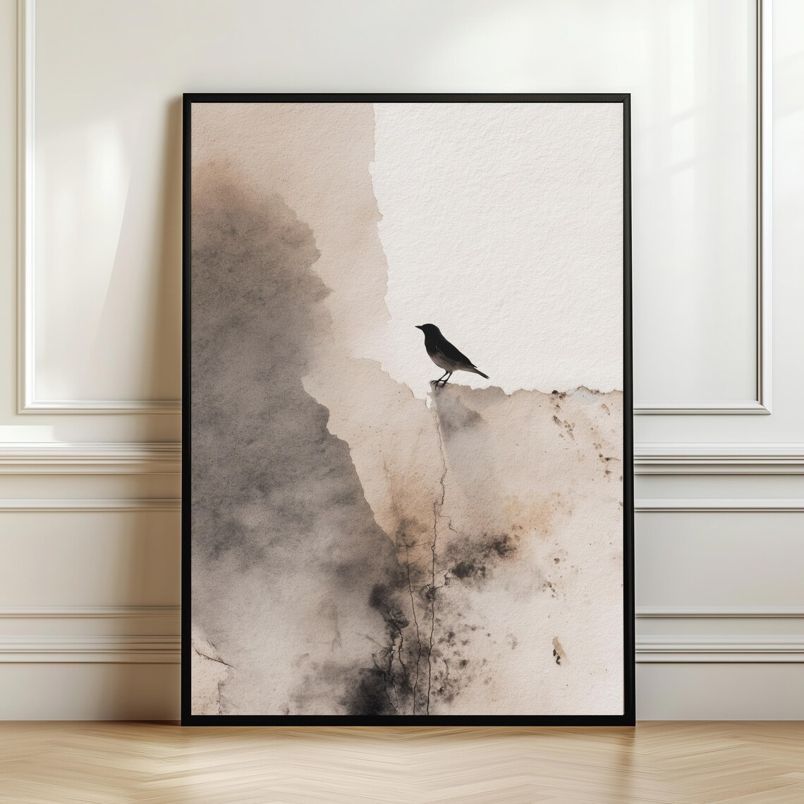 Minimalist Black Bird Ink Wash Wabi Sabi Japanese Neutral Nature Poster
