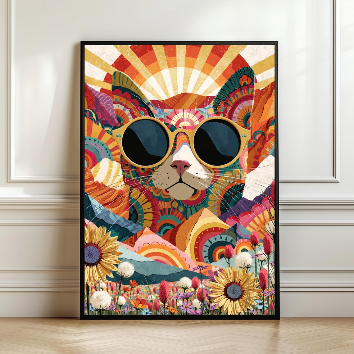 Retro Psychedelic Cat Poster, Maximalist Animal Decor