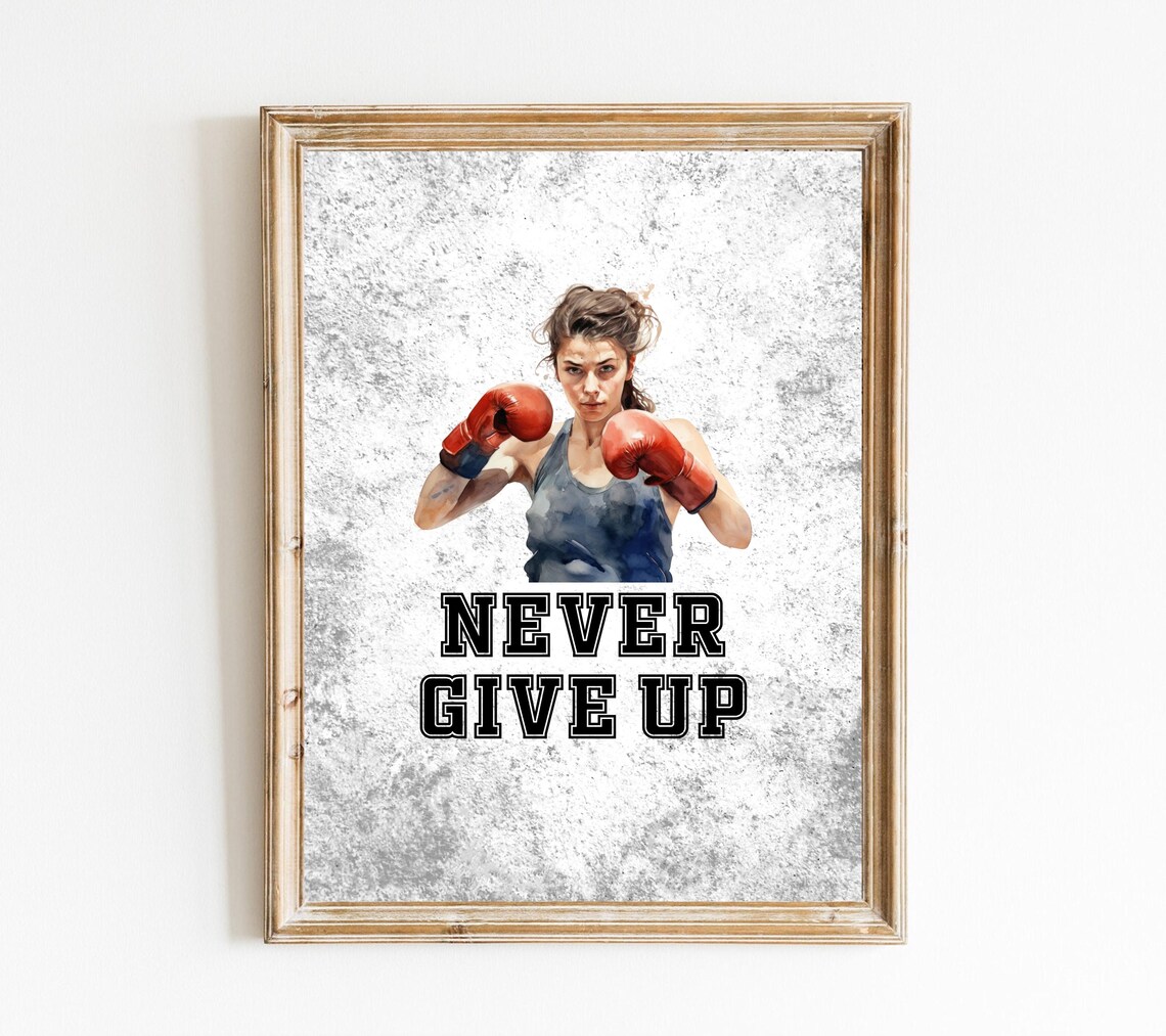 Never Give Up Woman Boxer Red Gloves Sports Motivational Print - Image 5