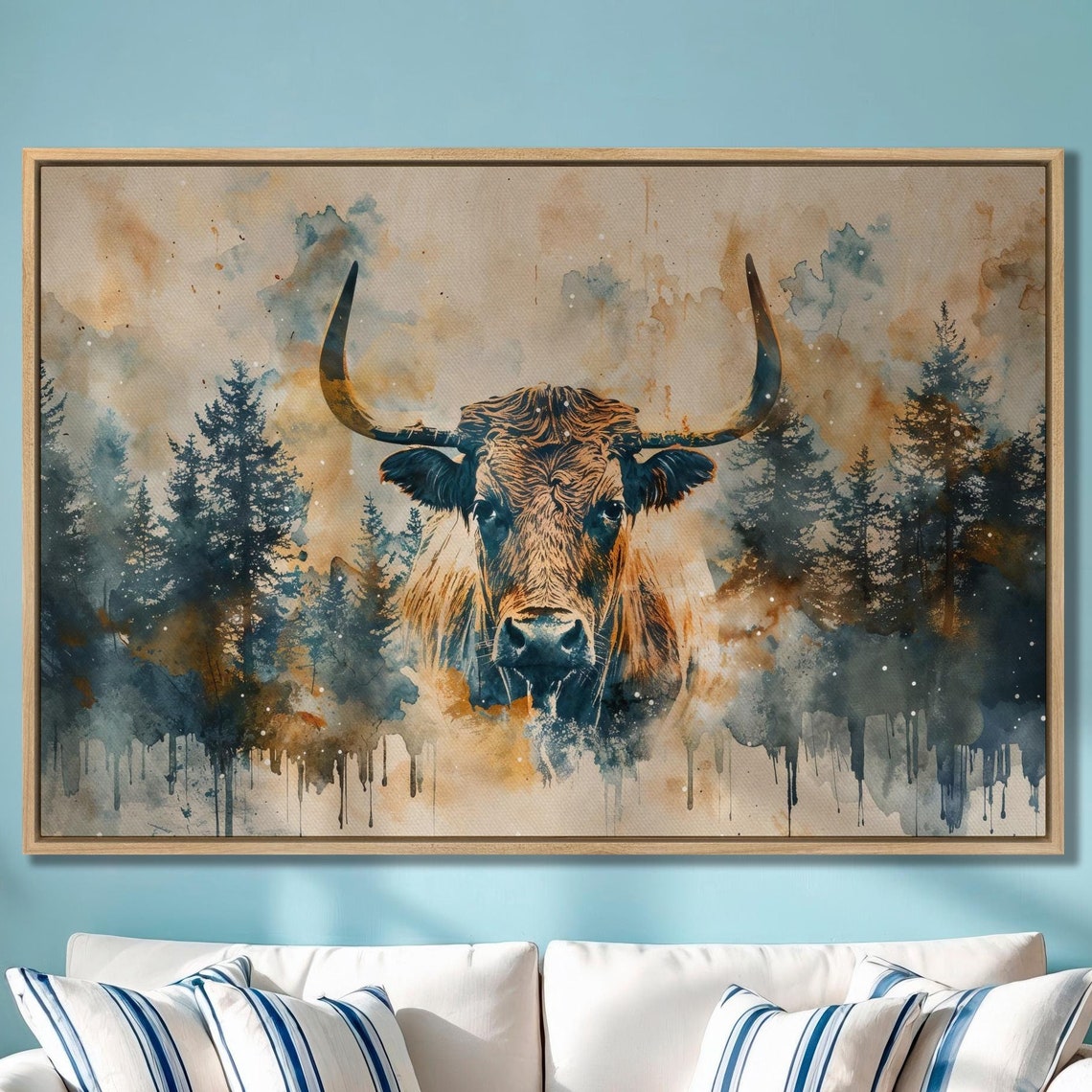 Watercolor Highland Cow Emerging From Pine Forest Wilderness Poster