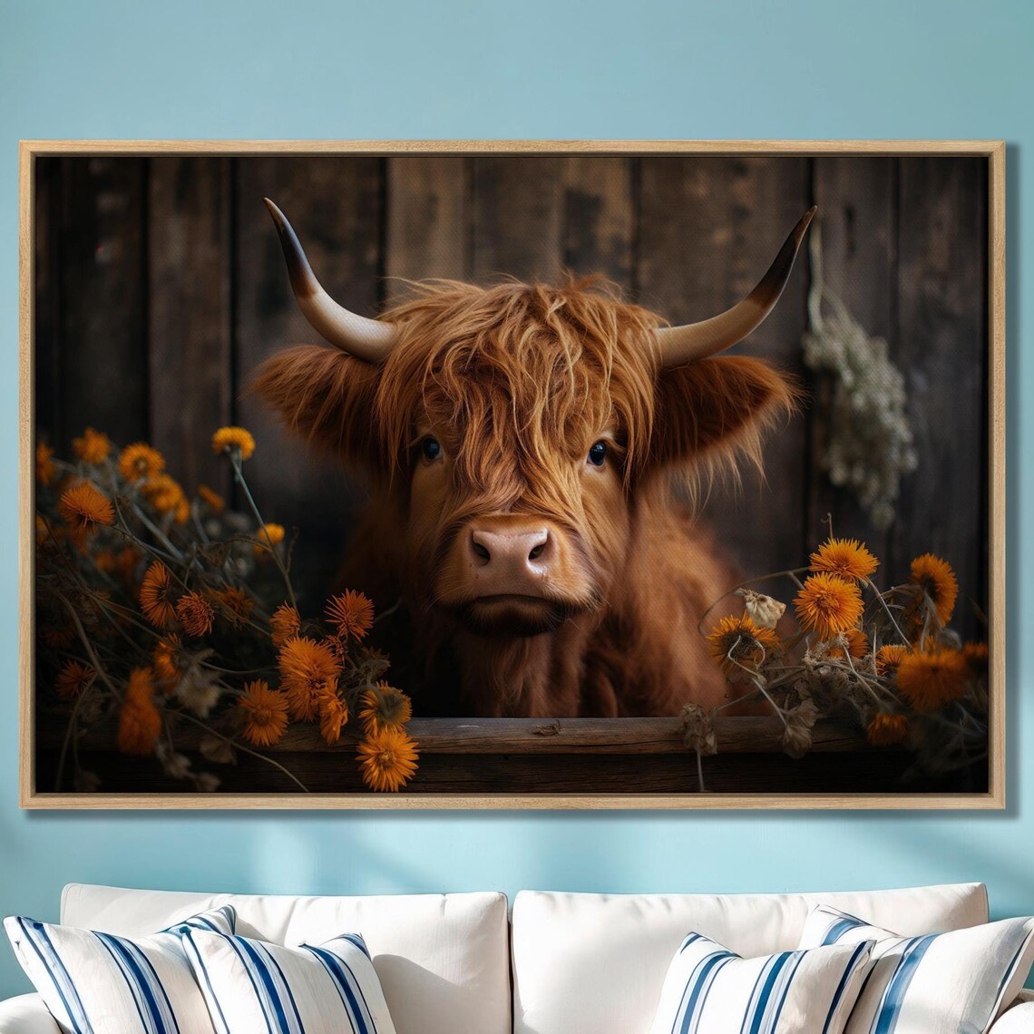 Cute Calf Rustic Farmhouse Art Print, Highland Cow