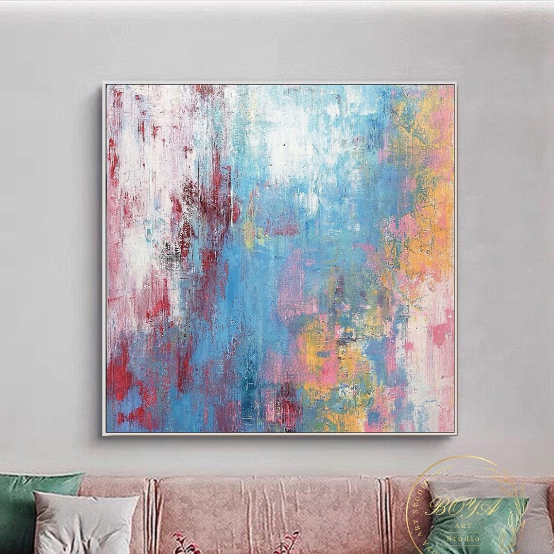 Blue Pink and Gold Textured Strokes Abstract Painting Poster
