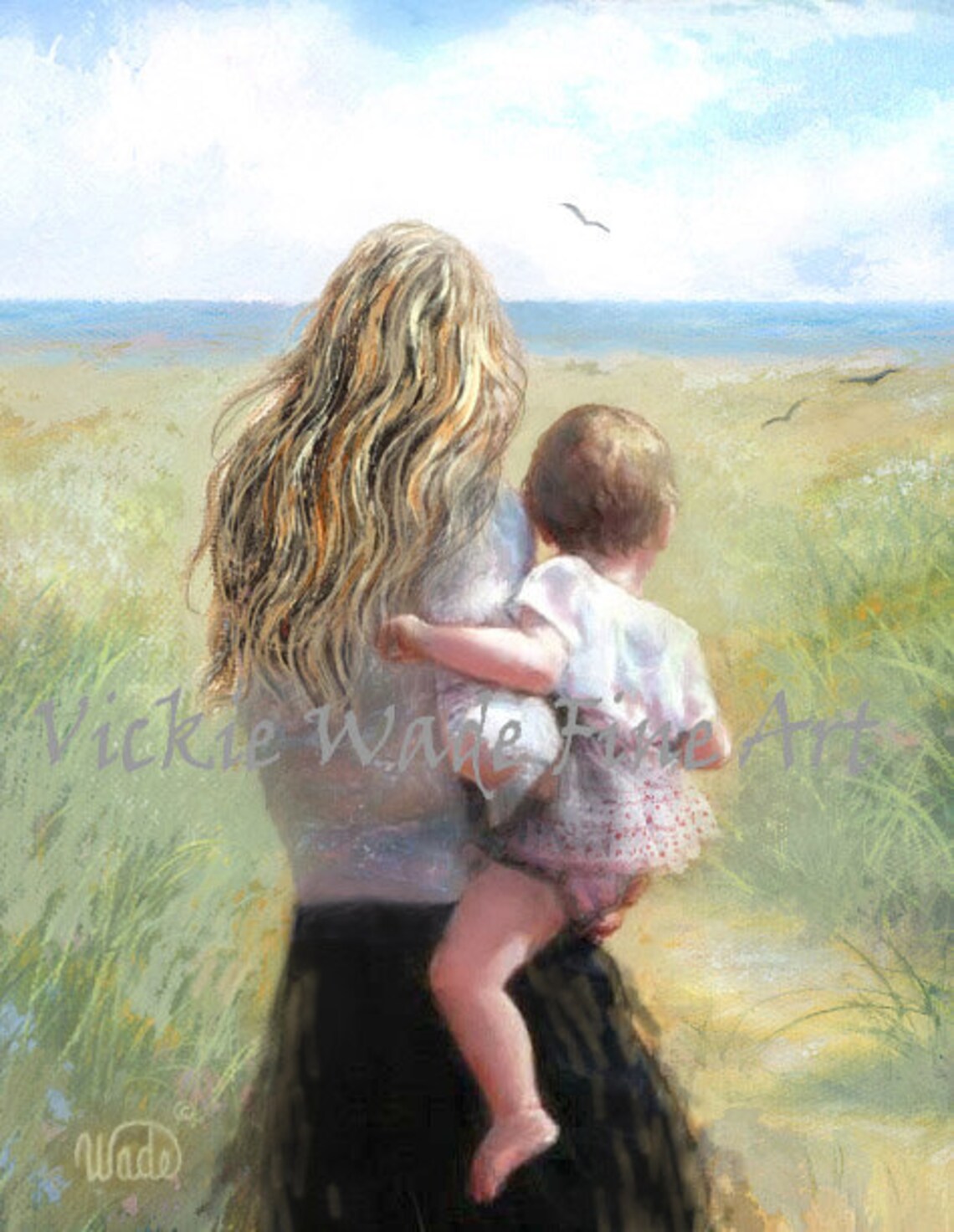 Mother Carrying Her Baby Girl While Gazing at the Ocean Poster