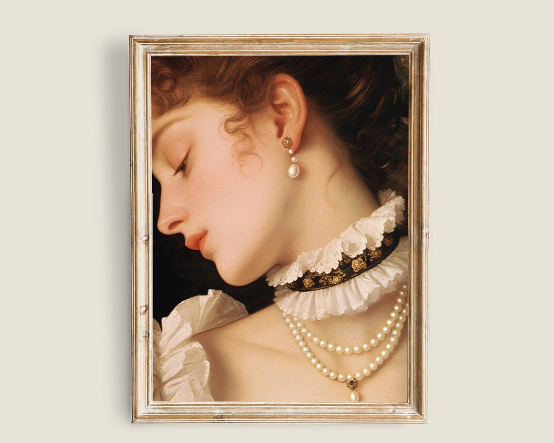 Woman Pearl Necklace Profile Vintage Romantic Portrait Wall Art