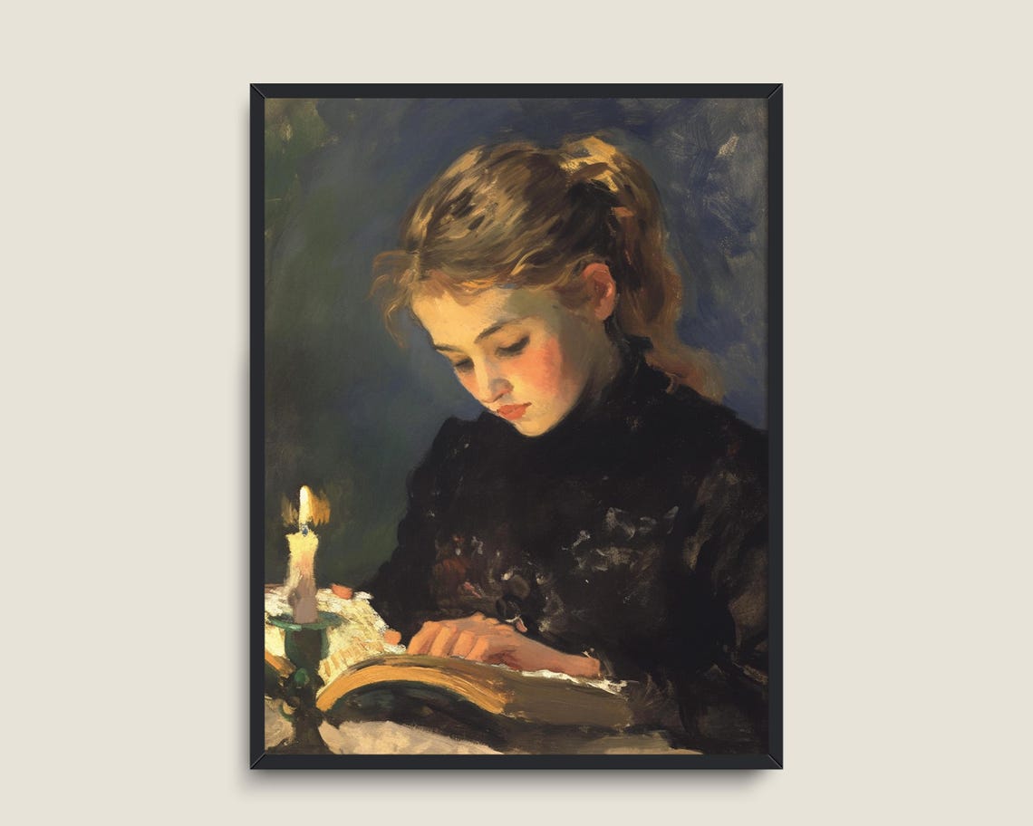 Woman Reading By Candlelight Vintage Dark Academia Library Print - Image 3