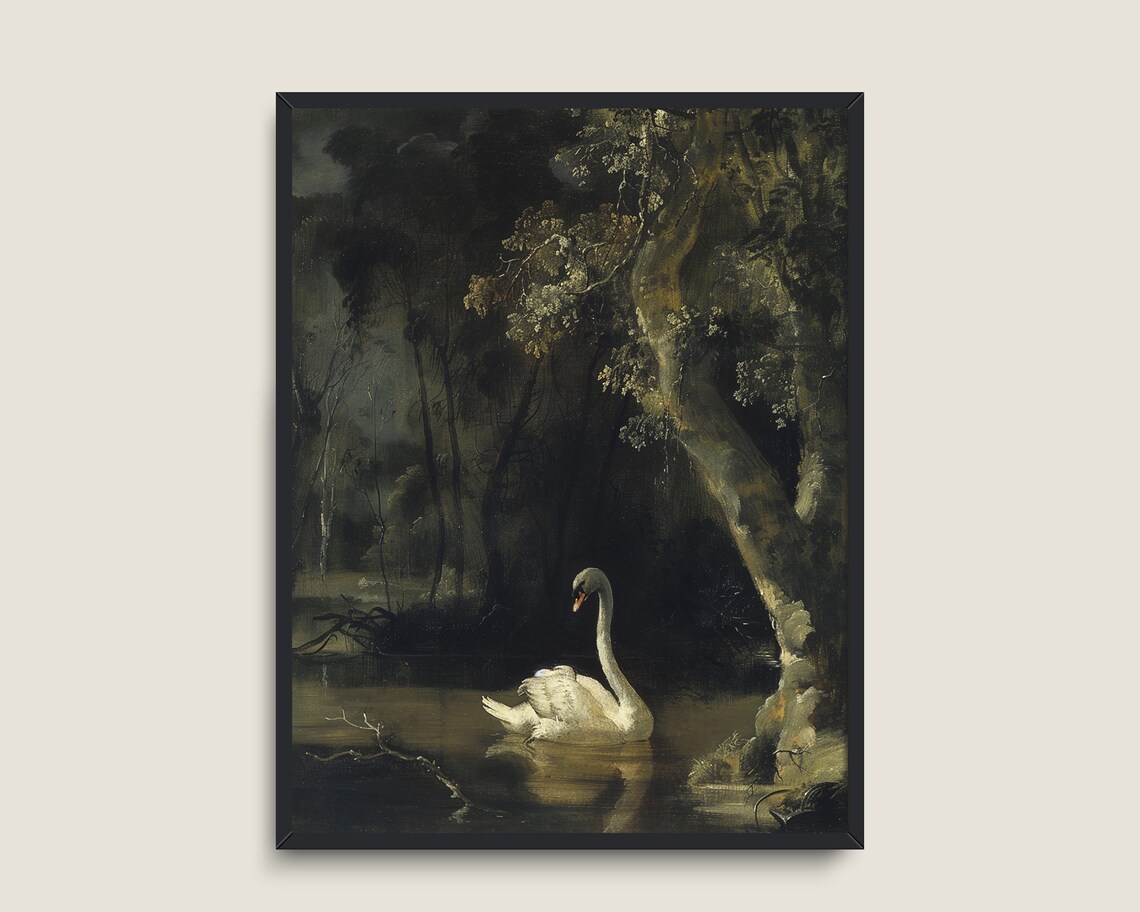 White Swan Dark Woodland Pond Night Moody Romantic Wildlife Print - Image 3